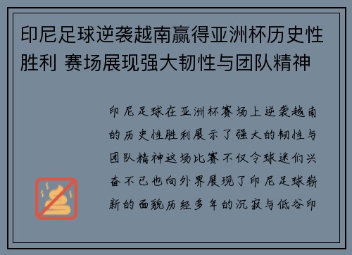 印尼足球逆袭越南赢得亚洲杯历史性胜利 赛场展现强大韧性与团队精神 印尼足球逆袭越南赢得亚洲杯历史性胜利 赛场展现强大韧性与团队精神